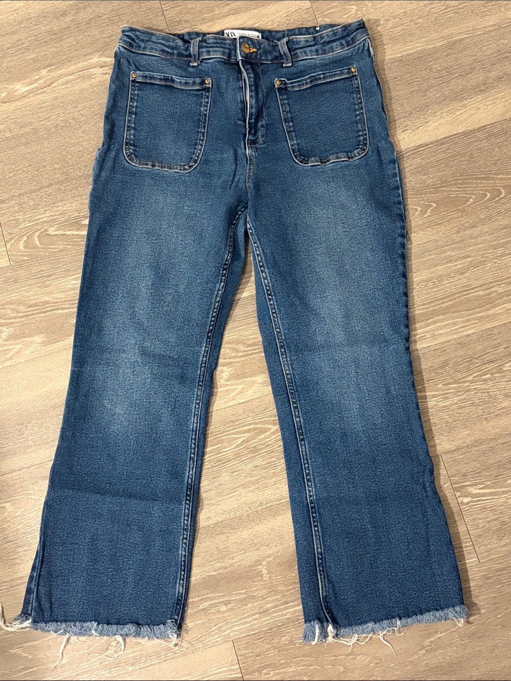 Zara Dark Blue High-Rise Cropped Flare Jeans with Frayed Hem